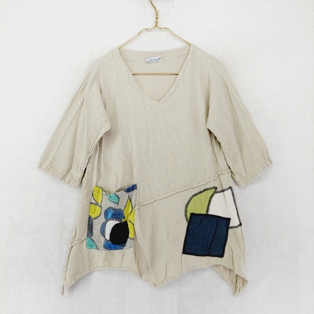 Cotton Ways Cream Cotton V-Neck 3/4 Sleeve Asymmetrical Pocket Patch Top P 6931